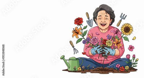 Smiling senior gardening, planting vibrant flowers with trowel, fork. Joyful senior gardening scene shows blossoms, watering can, soil, active lifestyle. Concept senior gardening for healthy living,