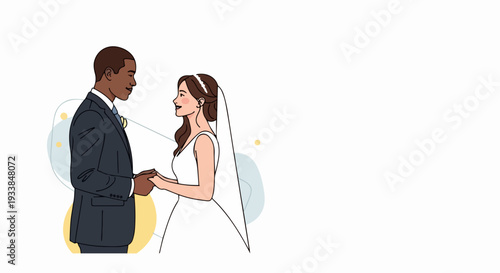 Illustration of wedding couple holding hands, gazing lovingly during intimate ceremony. Diverse wedding couple celebrates union, symbolizing commitment and romantic partnership.