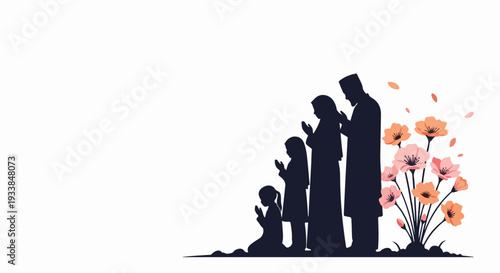 Silhouette of devout family prayer, showing parents and children kneeling in quiet devotion, symbolizing deep spiritual connection and family values.