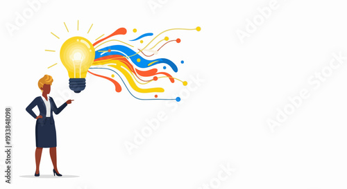 Professional woman with glowing light bulb, symbolizing new business idea. Colorful lines represent creative thinking, problem solving, and successful business idea strategies.
