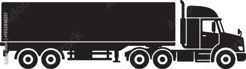 Black and white silhouette of a large semi truck with trailer also transparent background