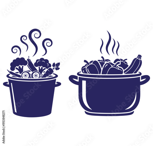 Illustration of two pots with fresh vegetables cooking isolated on white background