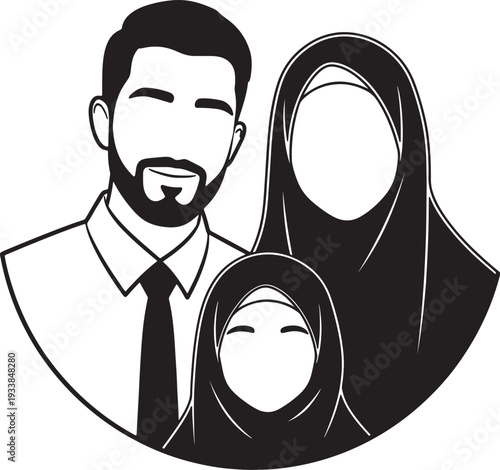 Black and white silhouette of man in suit with two women in hijabs also transparent background
