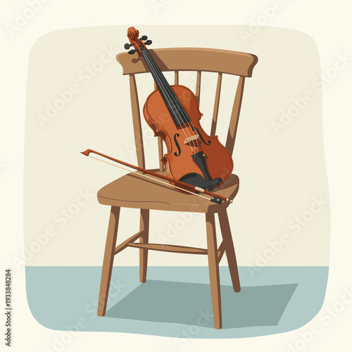 A wooden chair supports a beautifully crafted violin and bow, set against a soft background