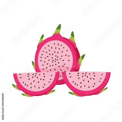 Colorful dragon fruit slices arranged artistically on a white background