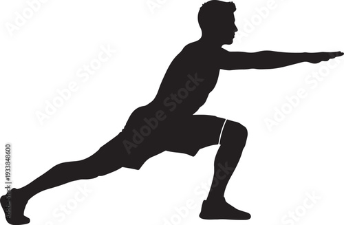 Black silhouette of a man in a dynamic lunging exercise position also transparent background