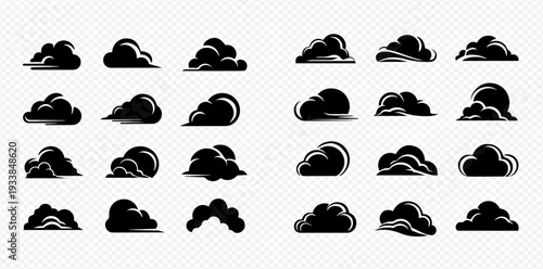 Set of dark cloud silhouettes for weather forecast, sky, and storm designs on transparent background.