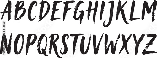 Bold brush drawn capital alphabet letters. Brush drawn font, uppercase typeface for punk or rock and roll design. Typographic distressed vector font with dry brush texture.