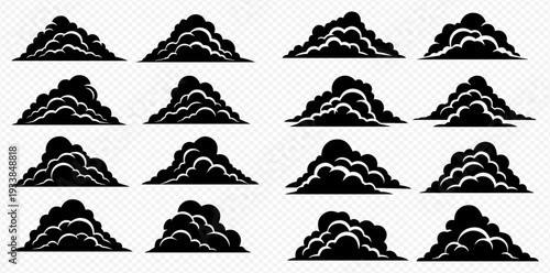 Set of black smoke clouds, fog, and steam vector illustrations on transparent background.