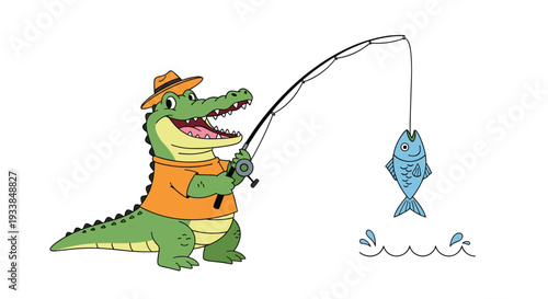 Green alligator wearing an orange shirt and brown hat successfully catches a blue fish while using a fishing rod in a fun outdoor cartoon scene.