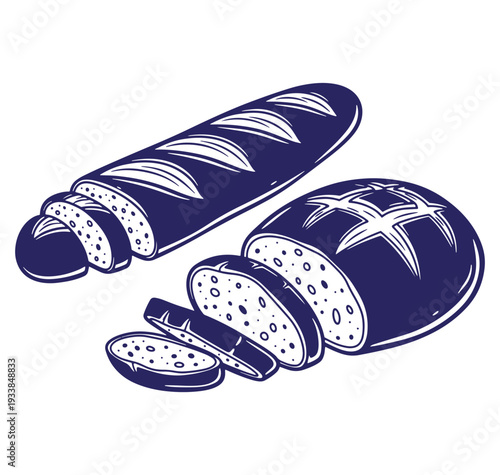 Sliced artisan bread loaf and baguette vector illustration in classic dark blue and white