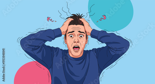 Stressed man in a blue sweatshirt holds his head in panic with wide eyes and a distressed facial expression against a colorful pop art background.