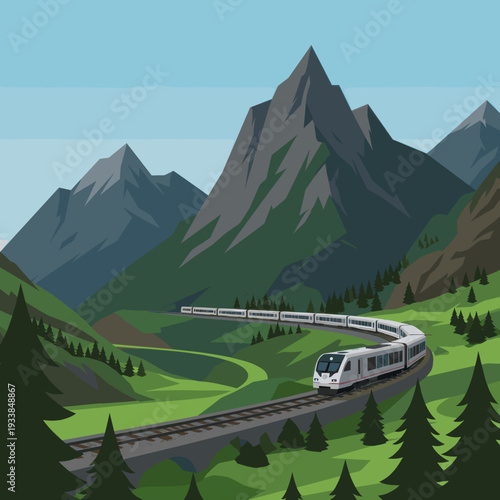 Scenic train journey through majestic mountains with lush forests and clear skies
