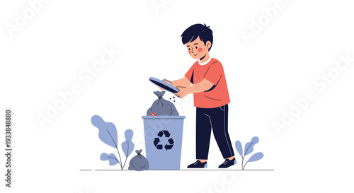 Responsible young boy wearing a red shirt practices recycling by placing a bag of trash into a blue bin with a white recycling symbol on it.