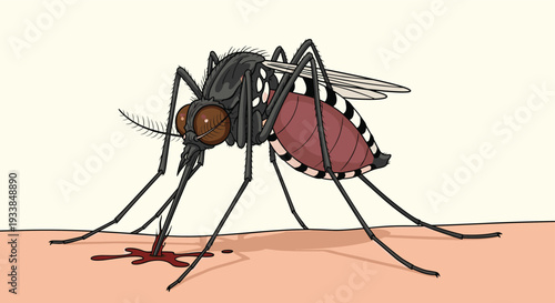 Detailed mosquito illustration shows the insect feeding on human skin with its abdomen full of blood, depicting a common pest in a natural setting.