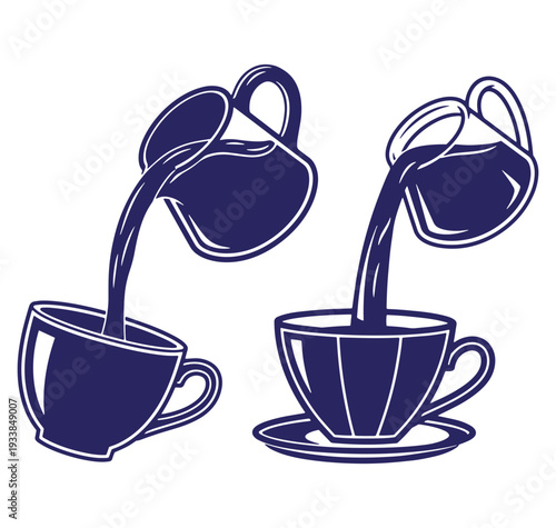 Two cups with dark liquid being poured from pitchers in a clean blue and white illustration
