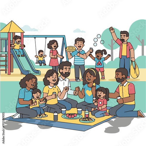 family having picnic in park together.