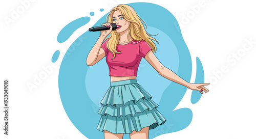 Blonde female pop star sings into a microphone while wearing a pink top and tiered blue skirt against a dynamic swirling blue background design.