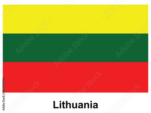 National Flag of Lithuania with Yellow, Green, and Red Horizontal Stripes