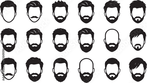 Silhouette collection of men with various hairstyles and beards also transparent background facial hair