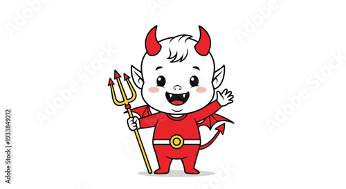 Adorable little baby devil character dressed in a red costume with horns and a pitchfork waving happily to the viewer.