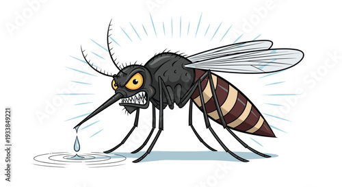 Angry cartoon mosquito with sharp teeth and yellow eyes drinking water from a rippling puddle on a bright white background.