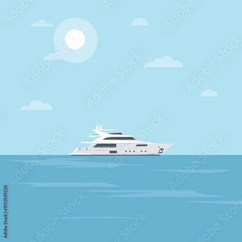 Luxury yacht sailing on calm waters under a bright sun with soft clouds