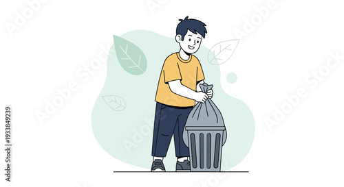Helpful young boy smiling as he carefully ties and removes a full gray trash bag from a kitchen garbage bin to clean up.