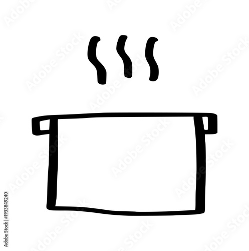 Steaming cooking pot doodle, hand drawn hot soup pan, minimalist kitchen cookware line art icon for recipe and food concept