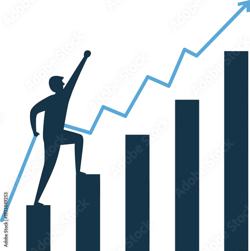 Business success silhouette illustration, person climbing bar chart with triumphant pose, upward line graph, growth progress, achievement, career development concept