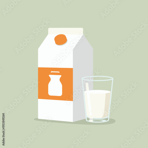 A minimalist illustration of a milk carton and a glass of milk on a soft green background
