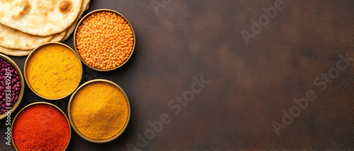 Traditional Indian spices and lentils in bowls with flatbread on rustic brown background, evoking warm and authentic culinary vibes
