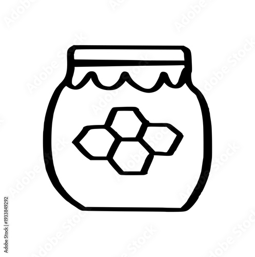 honey jar doodle, hand drawn ink glass bottle, organic nectar element perfect for sweet food, bee product, or healthy syrup concept