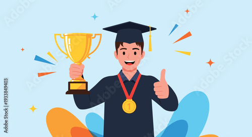Proud graduate student wearing a mortarboard cap and gown holding a gold trophy and wearing a medal for his achievement.