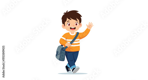Friendly schoolboy wearing an orange sweater and carrying a blue bag waving hello as he walks to his classroom for study.