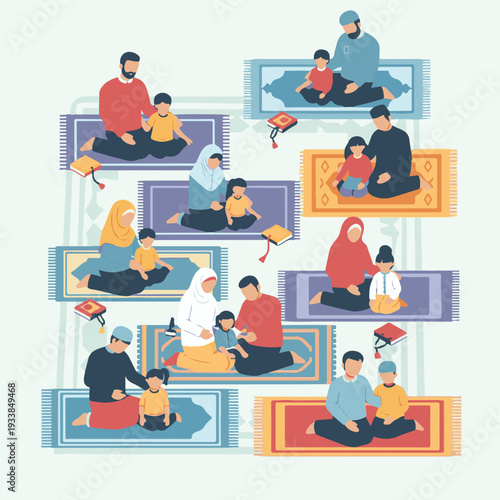 Muslim family sitting on prayer mats.