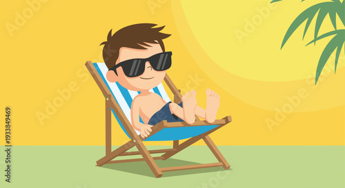 Relaxed boy wearing stylish sunglasses lounging on a blue striped beach chair under the warm sun near a tropical palm tree.