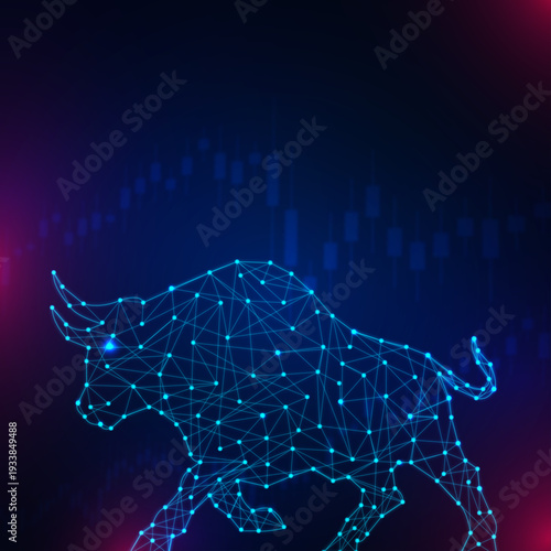 Blue Digital Plexus Bull for Finance and Stock Market Growth, Abstract Wireframe Bull Charging Technology and Crypto Concept, Futuristic Geometric Bull Silhouette with Glowing Data Points, Digital Bul