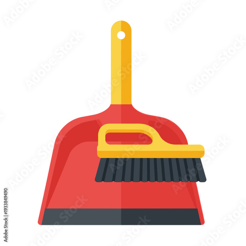 Colorful cleaning tools with a dustpan and broom on a simple background