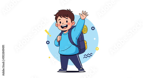 Happy young boy with a blue backpack waving his hand cheerfully while standing in front of a light blue circular background.