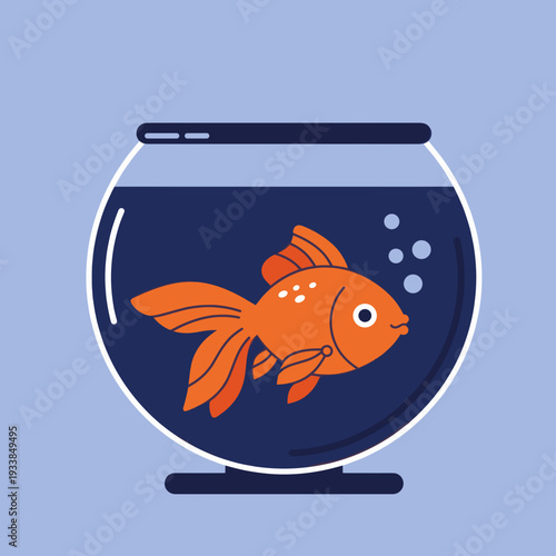 A vibrant orange goldfish swimming in a round fishbowl against a soft blue background