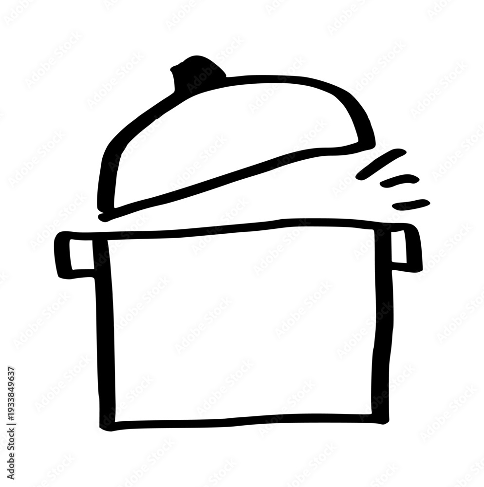 Fototapeta premium cooking pot with open lid doodle, hand drawn kitchen stockpot icon for soup, boiling food, recipe, or restaurant concept