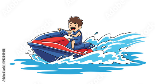 Excited young boy riding a blue and red jet ski through splashing ocean waves on a sunny day during summer vacation fun.