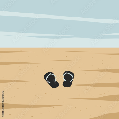 A serene beach scene with flip-flops on the sand and gentle waves in the background