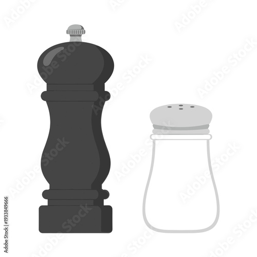 Black pepper mill and white salt shaker on a minimalist background, ideal for culinary themes
