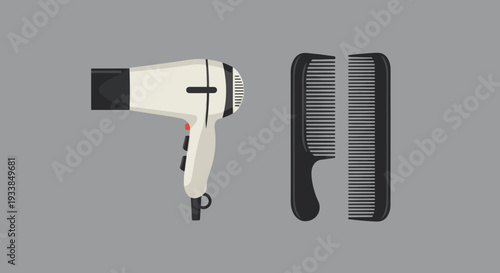 Hair dryer and comb illustration on a gray background, ideal for beauty and salon themes