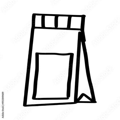 paper shopping bag doodle, hand drawn standing pouch, simple line art packaging for retail, grocery, and branding concept