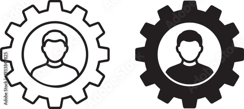 Two black and white gear with silhouettes of people inside them also transparent background gears