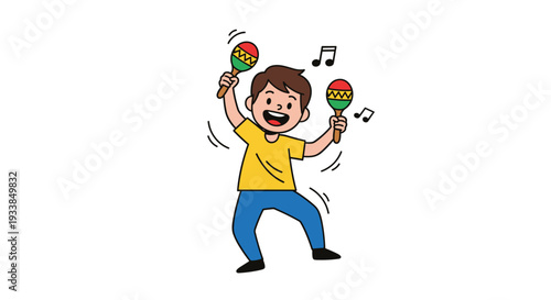 Happy young boy dancing and shaking colorful maracas while musical notes float around him in a celebration of rhythm.