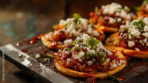 Deliciously prepared mexican sopes topped with savory shredded meat and fresh cheese artfully